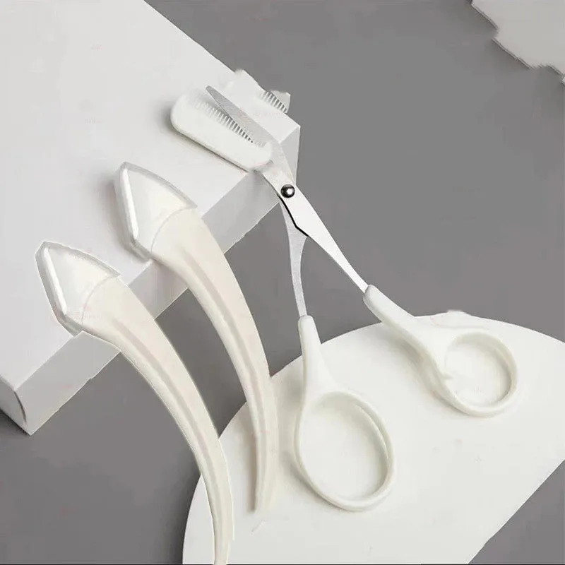 Curved moon-shaped eyebrow trimmer with a cutting comb on a white background.