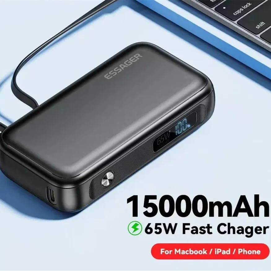 Black 15000mAh digital display power bank with USB-C and USB-A ports