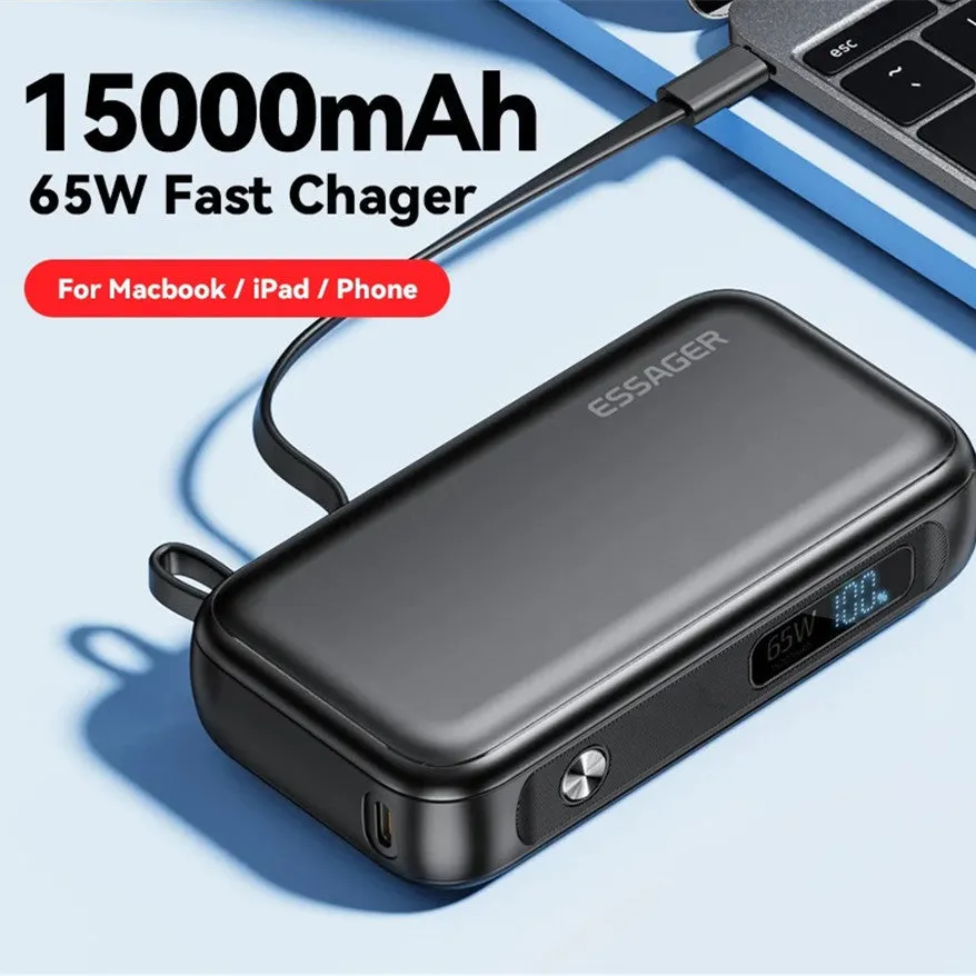 Black 15000mAh digital display power bank with USB-C and USB-A ports