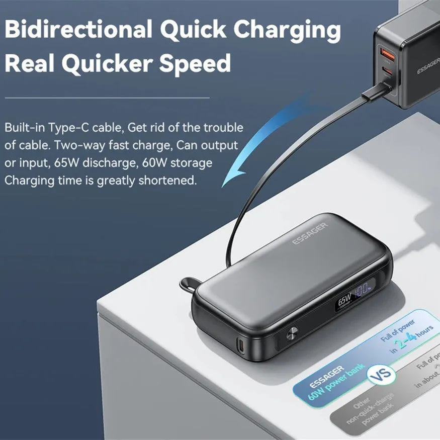 Black 15000mAh digital display power bank with USB-C and USB-A ports
