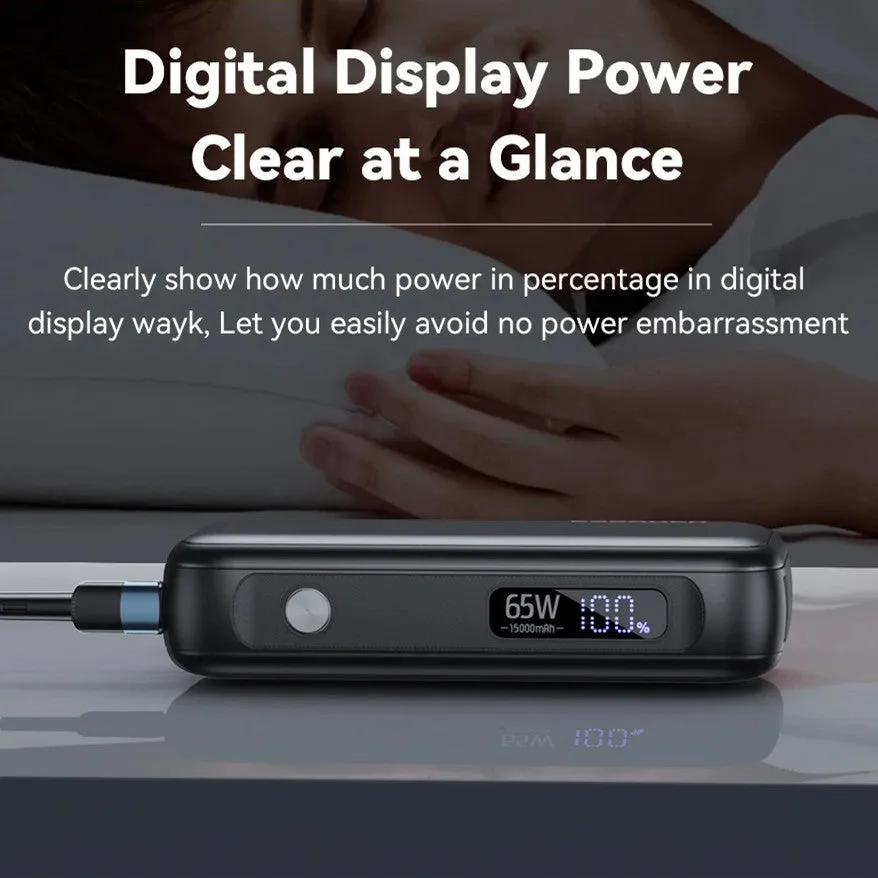 Black 15000mAh digital display power bank with USB-C and USB-A ports