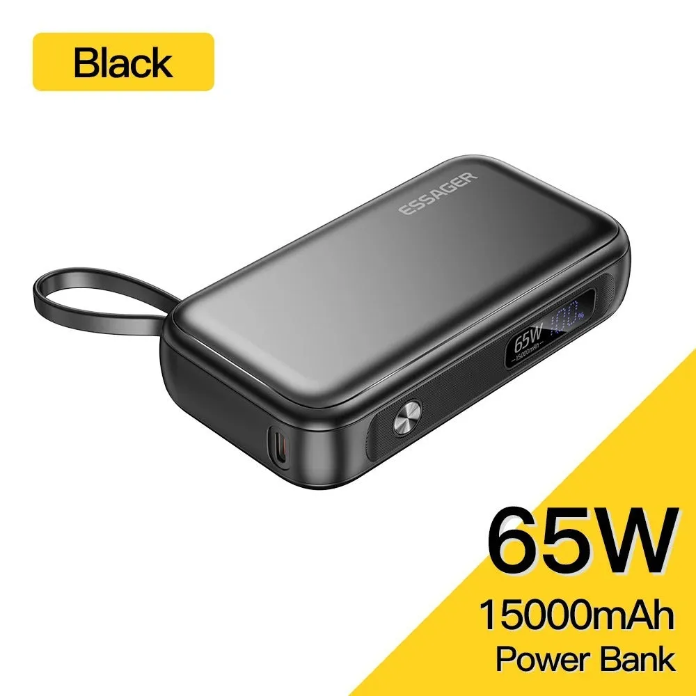 Black 15000mAh digital display power bank with USB-C and USB-A ports