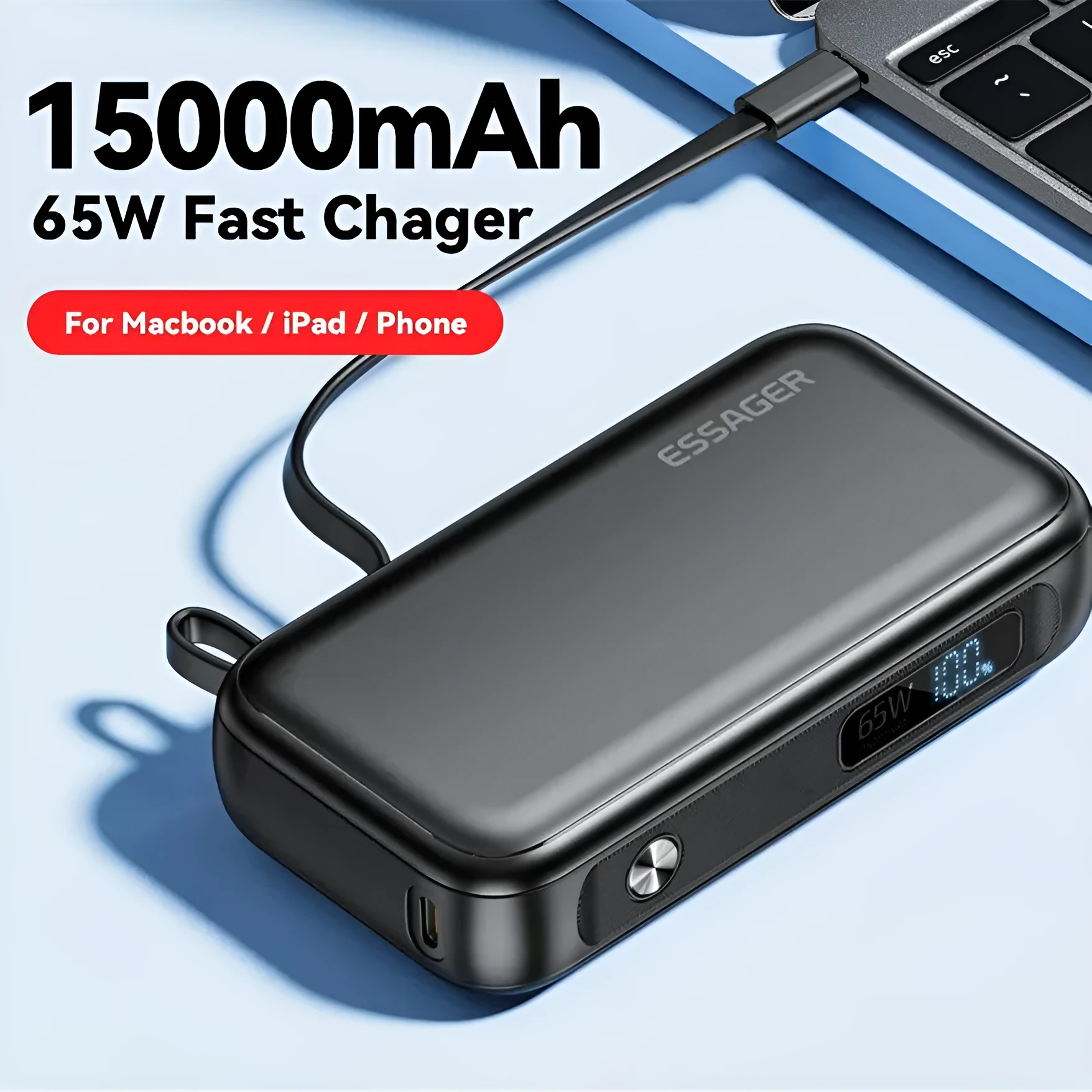 Black 15000mAh digital display power bank with USB-C and USB-A ports