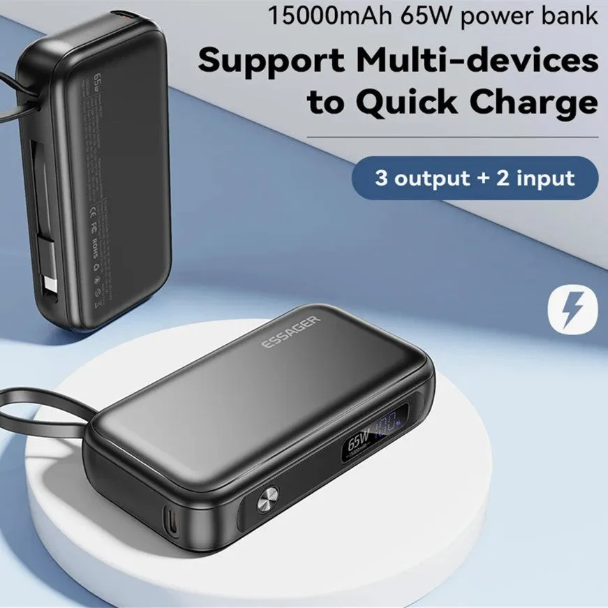 Black 15000mAh digital display power bank with USB-C and USB-A ports