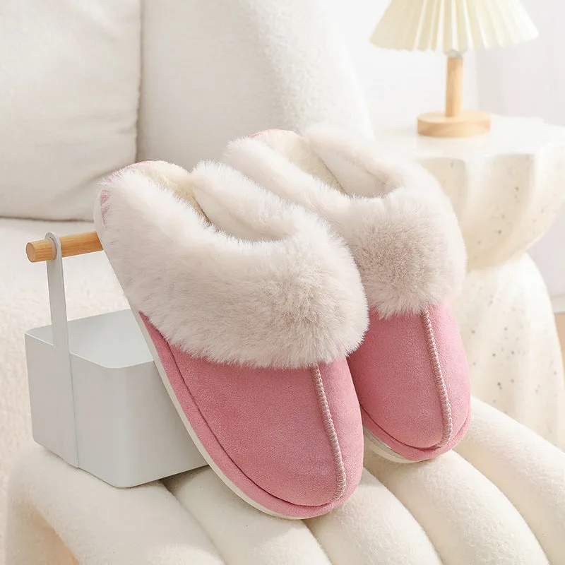 Women's brown plush indoor slippers with a round toe, flat heel, and a textured PVC sole.
