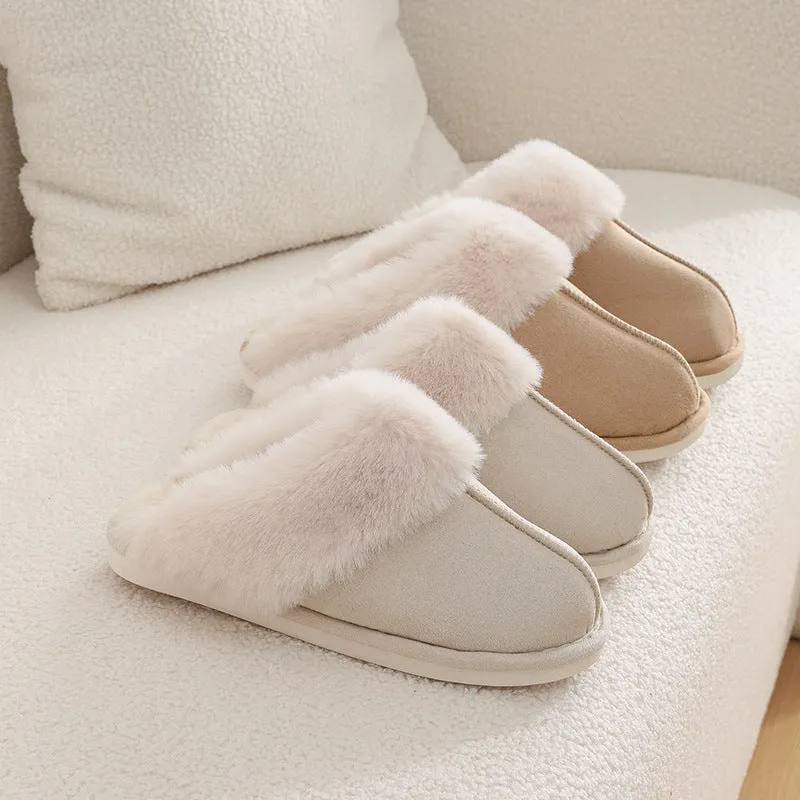 Women's brown plush indoor slippers with a round toe, flat heel, and a textured PVC sole.