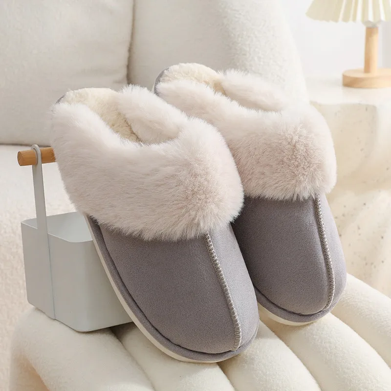 Women's brown plush indoor slippers with a round toe, flat heel, and a textured PVC sole.