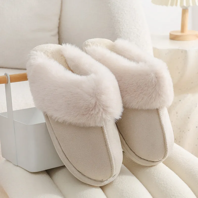 Women's brown plush indoor slippers with a round toe, flat heel, and a textured PVC sole.