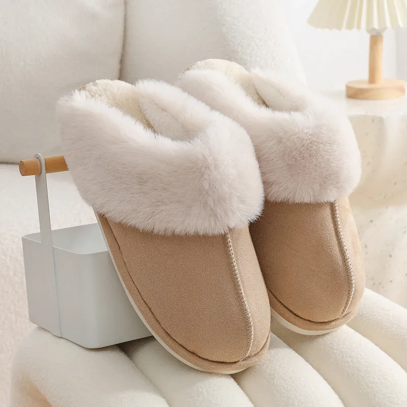 Women's brown plush indoor slippers with a round toe, flat heel, and a textured PVC sole.