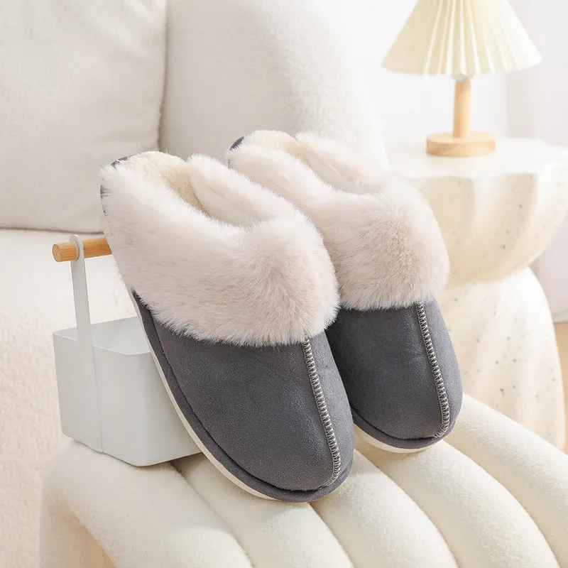 Women's brown plush indoor slippers with a round toe, flat heel, and a textured PVC sole.