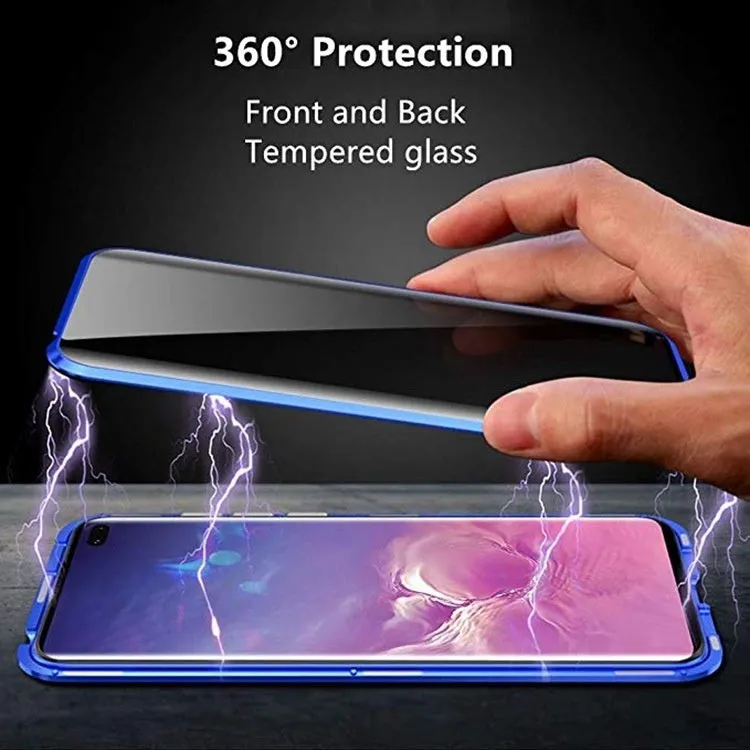 Samsung S23 Ultra anti-peep magnetic phone case with double-sided glass, mirror finish, and metal frame in gold colour