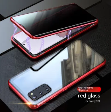 Samsung S23 Ultra anti-peep magnetic phone case with double-sided glass, mirror finish, and metal frame in gold colour