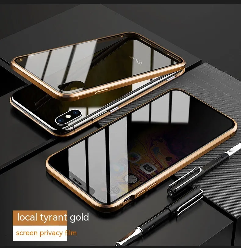 Samsung S23 Ultra anti-peep magnetic phone case with double-sided glass, mirror finish, and metal frame in gold colour