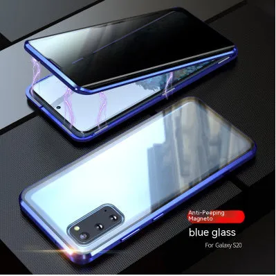 Samsung S23 Ultra anti-peep magnetic phone case with double-sided glass, mirror finish, and metal frame in gold colour