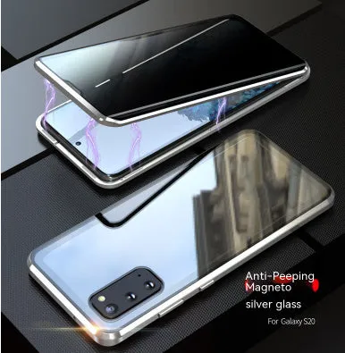 Samsung S23 Ultra anti-peep magnetic phone case with double-sided glass, mirror finish, and metal frame in gold colour