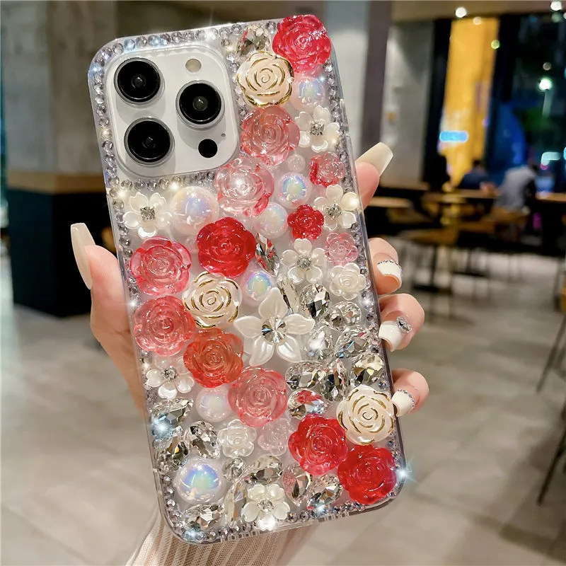 Diamond rose flower TPU phone case for iPhone 15 Pro Max in purple rose, showing anti-fall and anti-fingerprint design