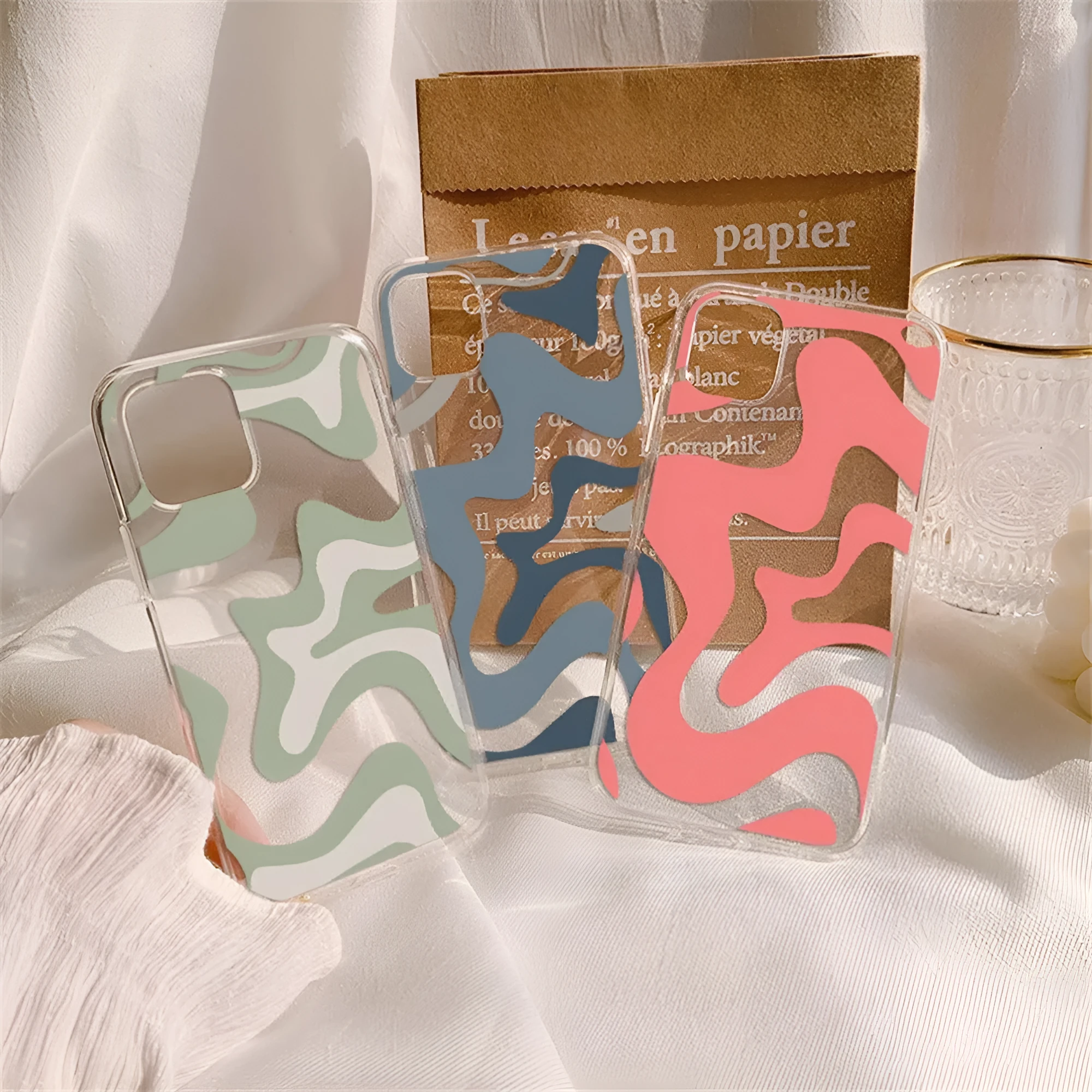 Striped wave transparent TPU soft shell phone case for iPhone 13 14 15 series with fall protection