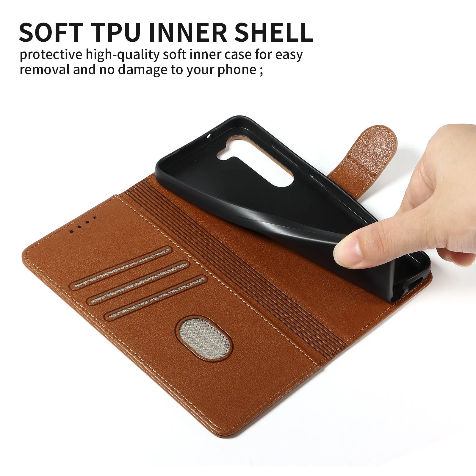 Samsung flip phone case in black with anti-theft swiping card holder and magnetic closure