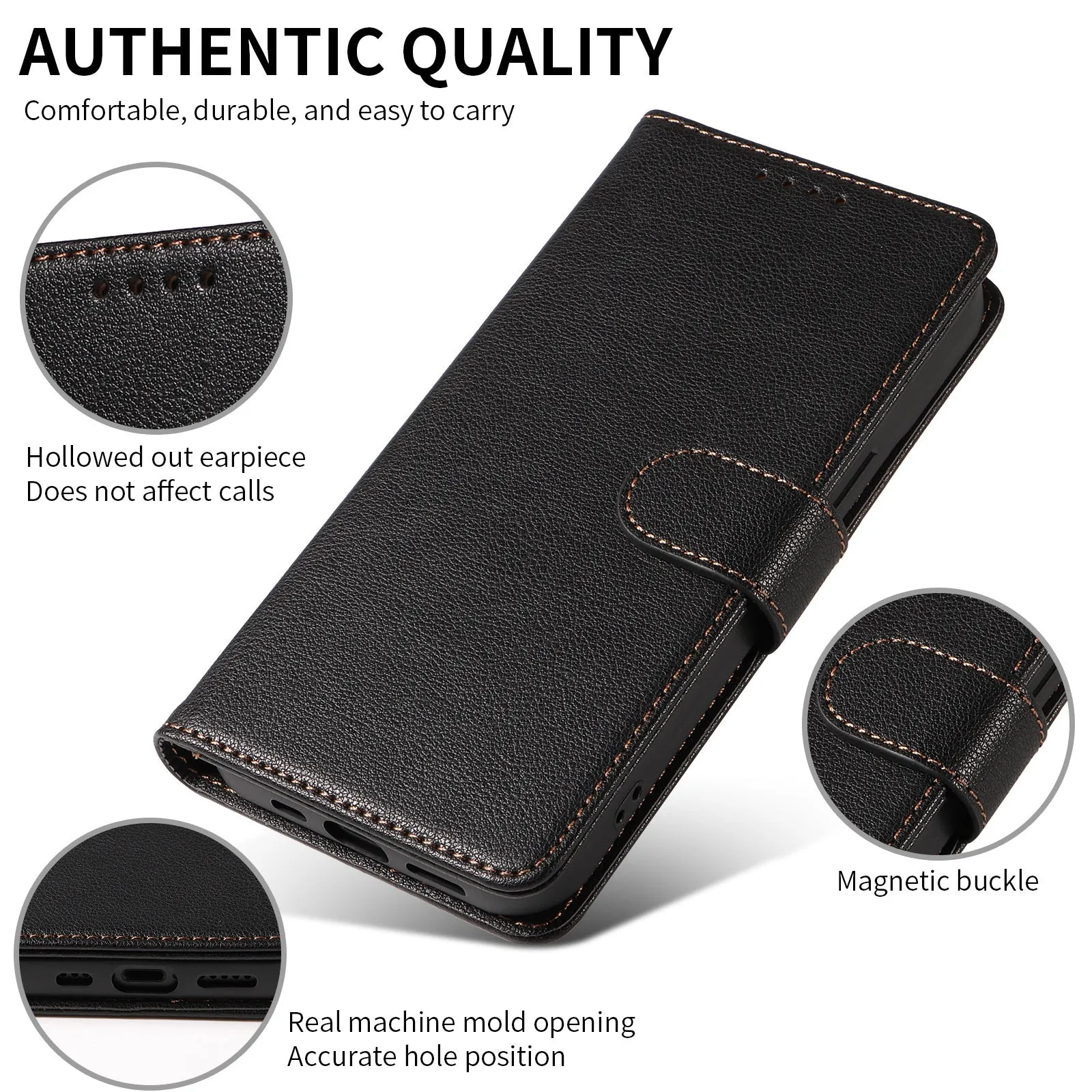 Samsung flip phone case in black with anti-theft swiping card holder and magnetic closure