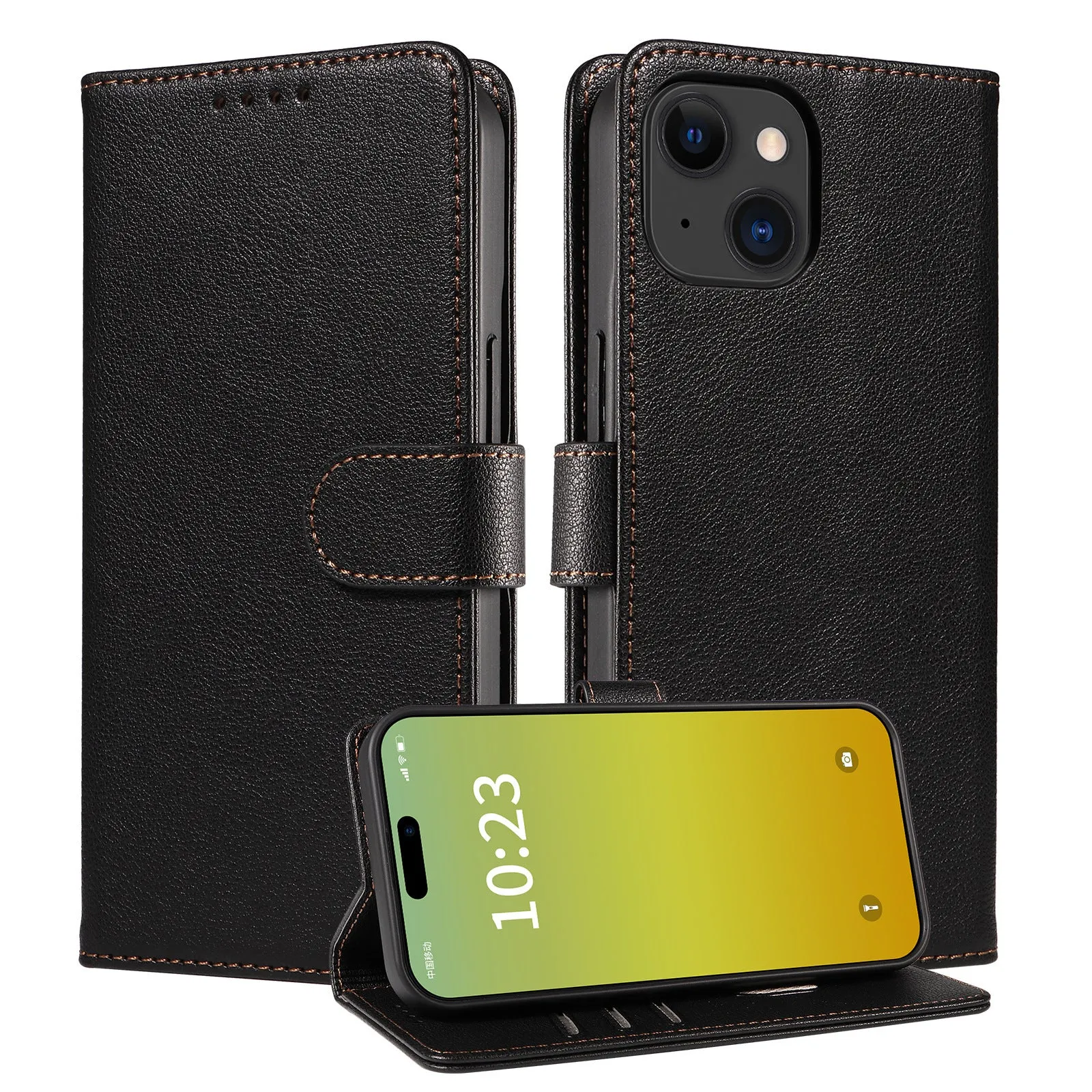 Samsung flip phone case in black with anti-theft swiping card holder and magnetic closure