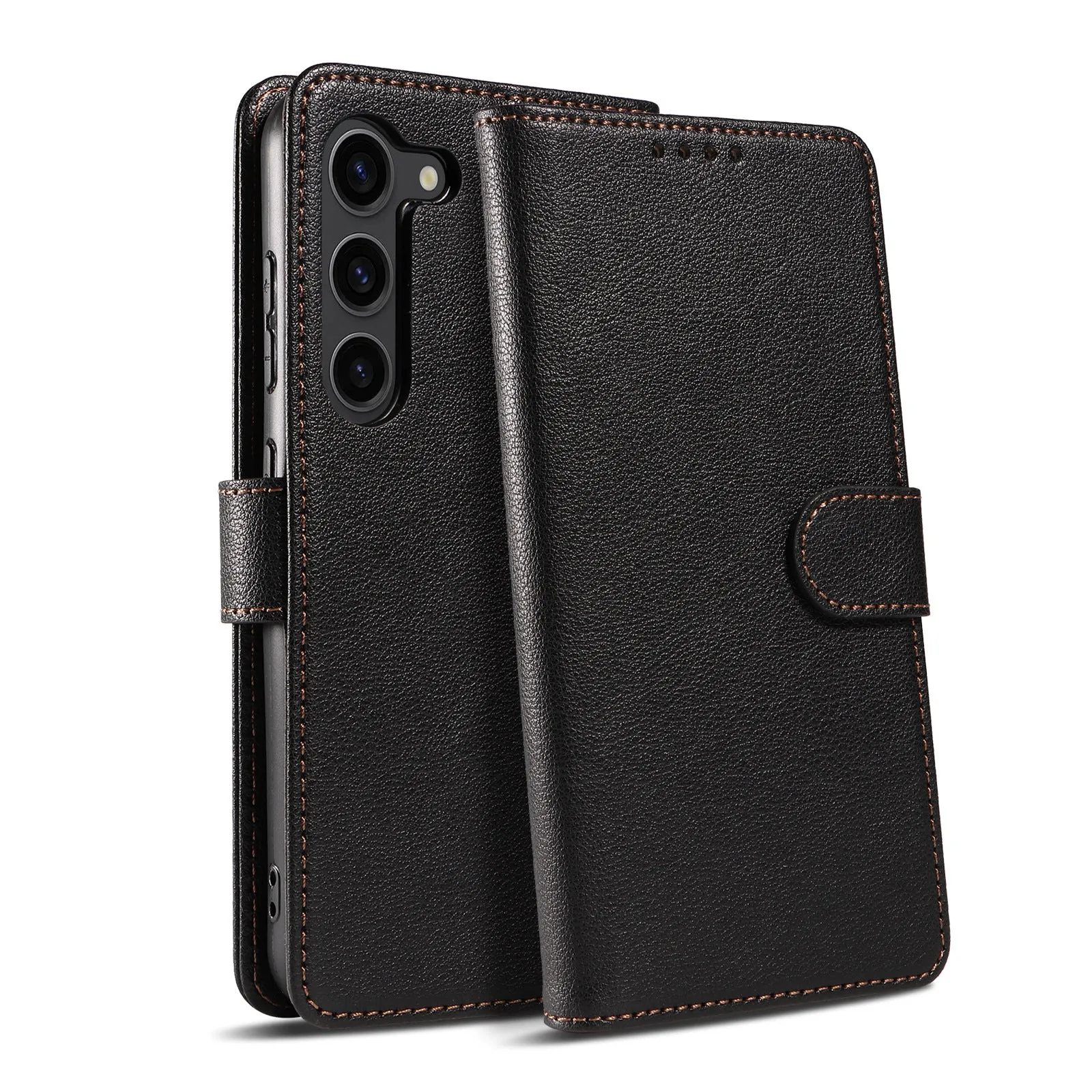 Samsung flip phone case in black with anti-theft swiping card holder and magnetic closure