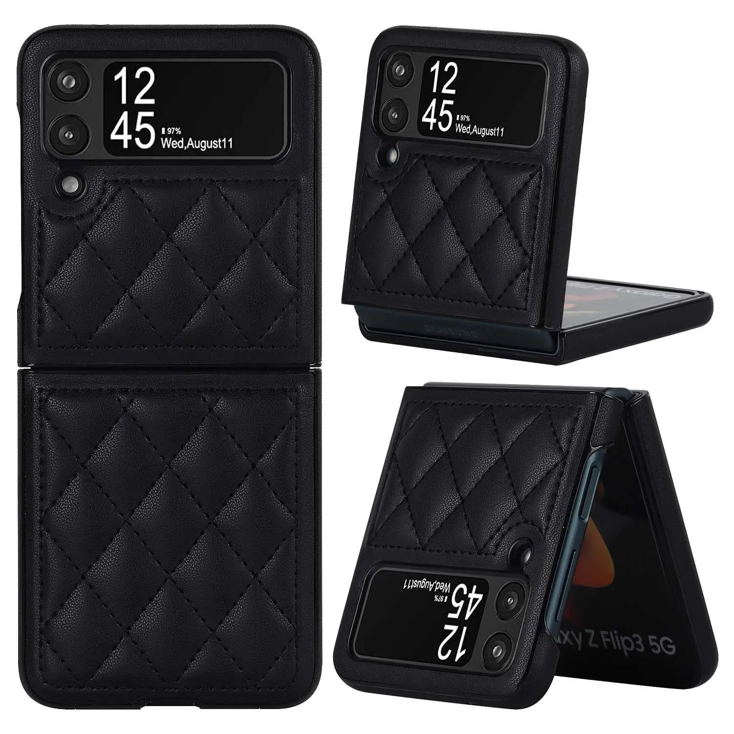 Foldable screen textured lambskin plaid phone case in black for Samsung Z Flip 3 5G and Z Flip 4 with anti-fall protection