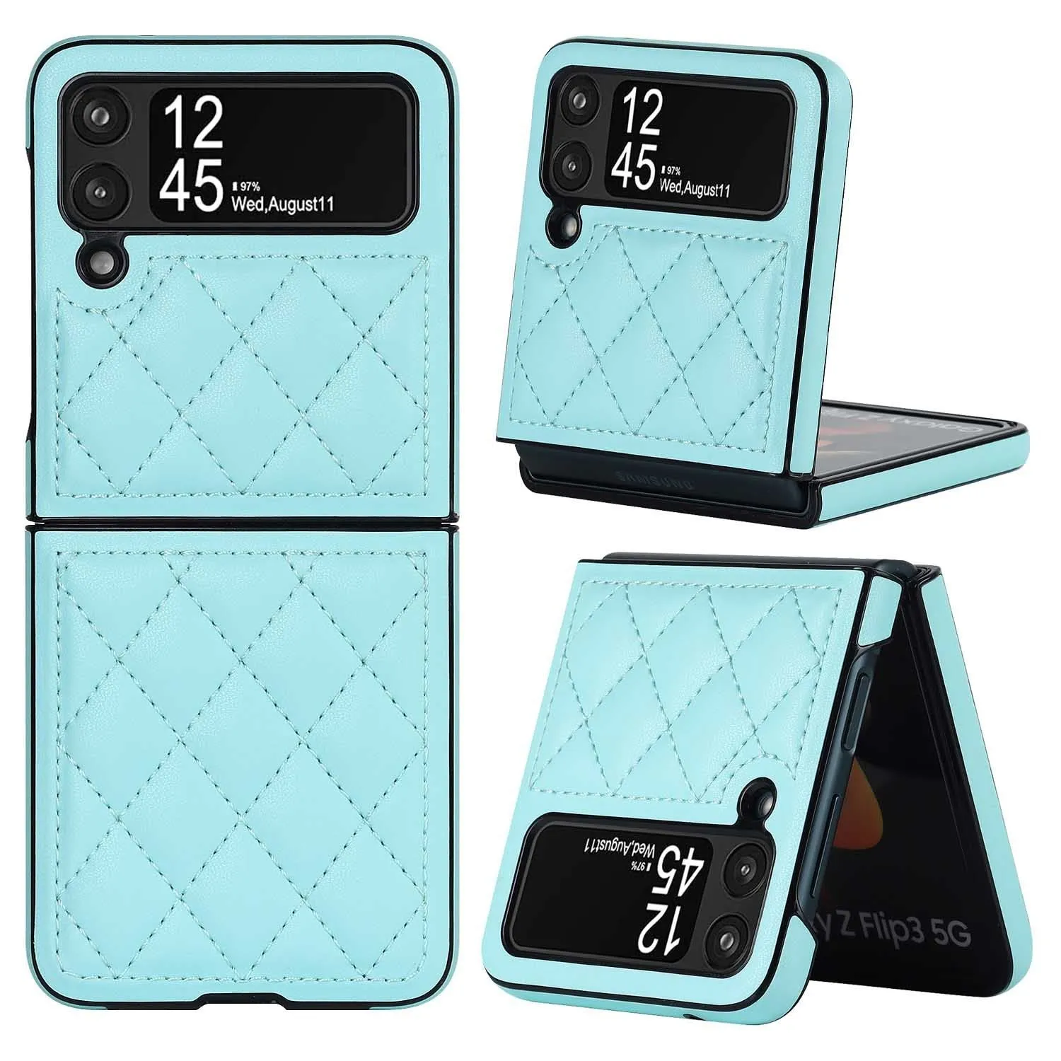 Foldable screen textured lambskin plaid phone case in black for Samsung Z Flip 3 5G and Z Flip 4 with anti-fall protection