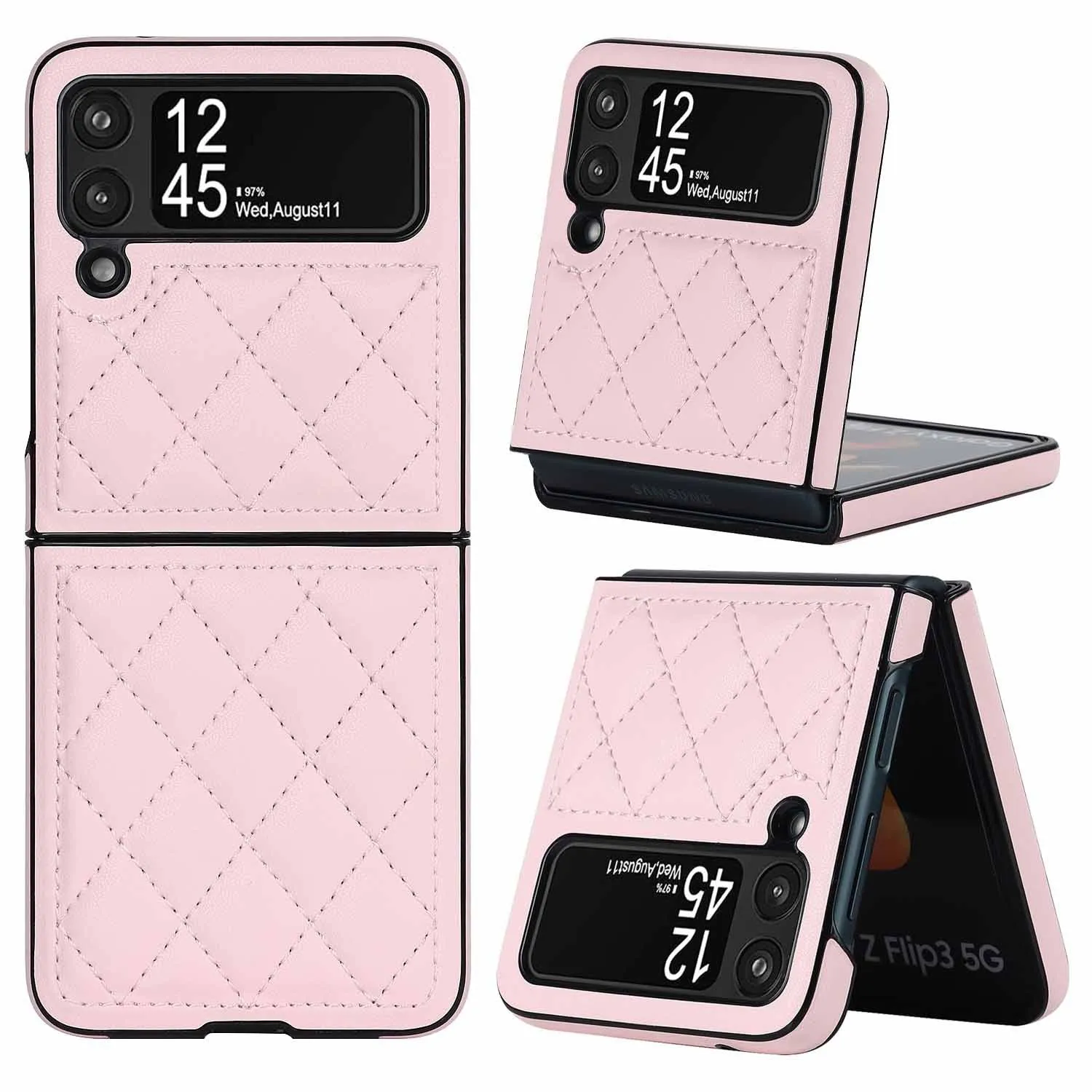 Foldable screen textured lambskin plaid phone case in black for Samsung Z Flip 3 5G and Z Flip 4 with anti-fall protection
