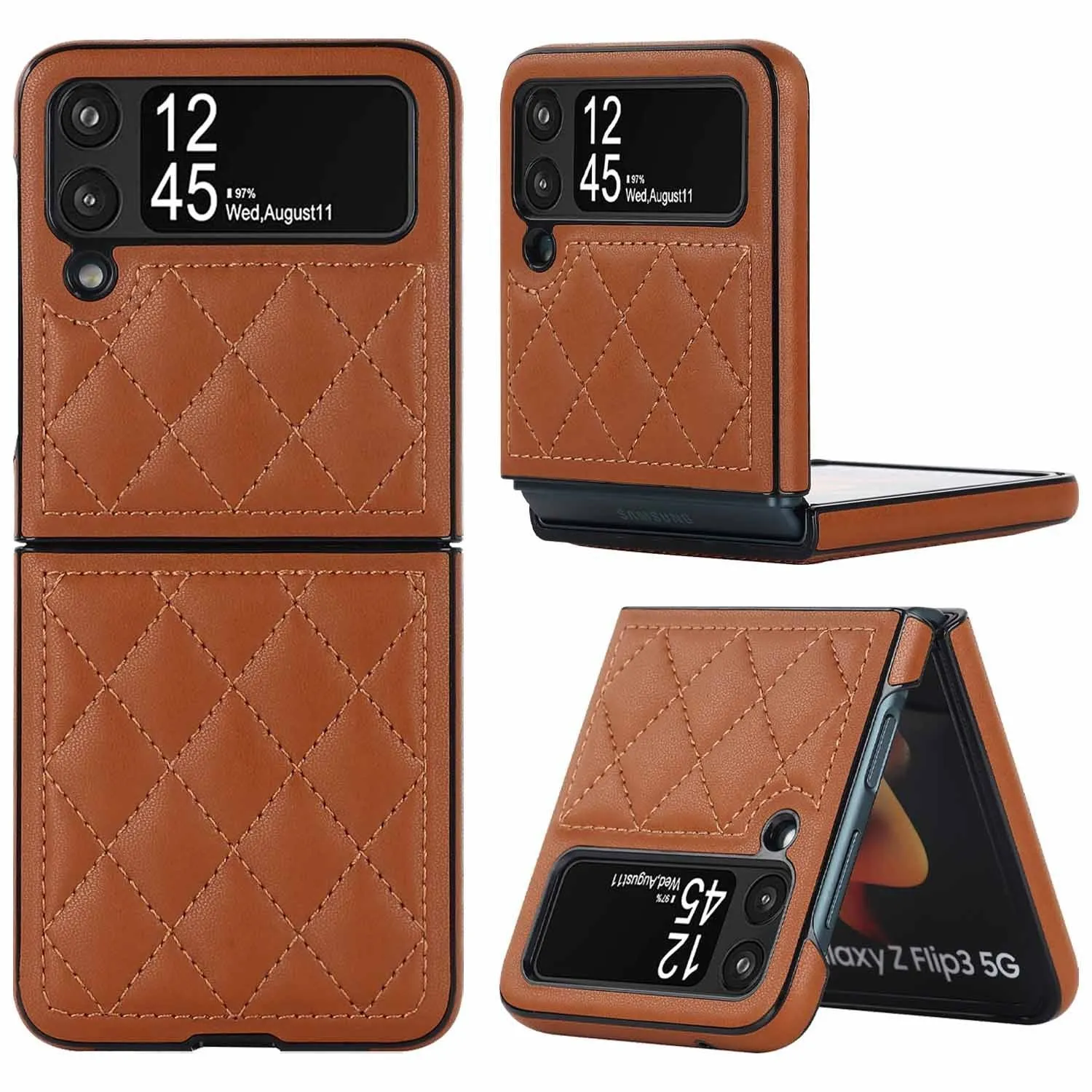 Foldable screen textured lambskin plaid phone case in black for Samsung Z Flip 3 5G and Z Flip 4 with anti-fall protection