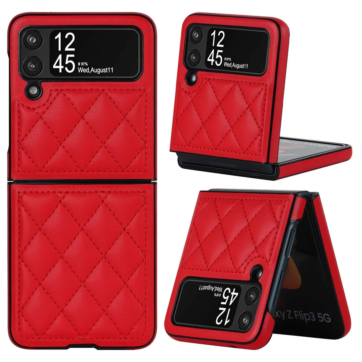 Foldable screen textured lambskin plaid phone case in black for Samsung Z Flip 3 5G and Z Flip 4 with anti-fall protection