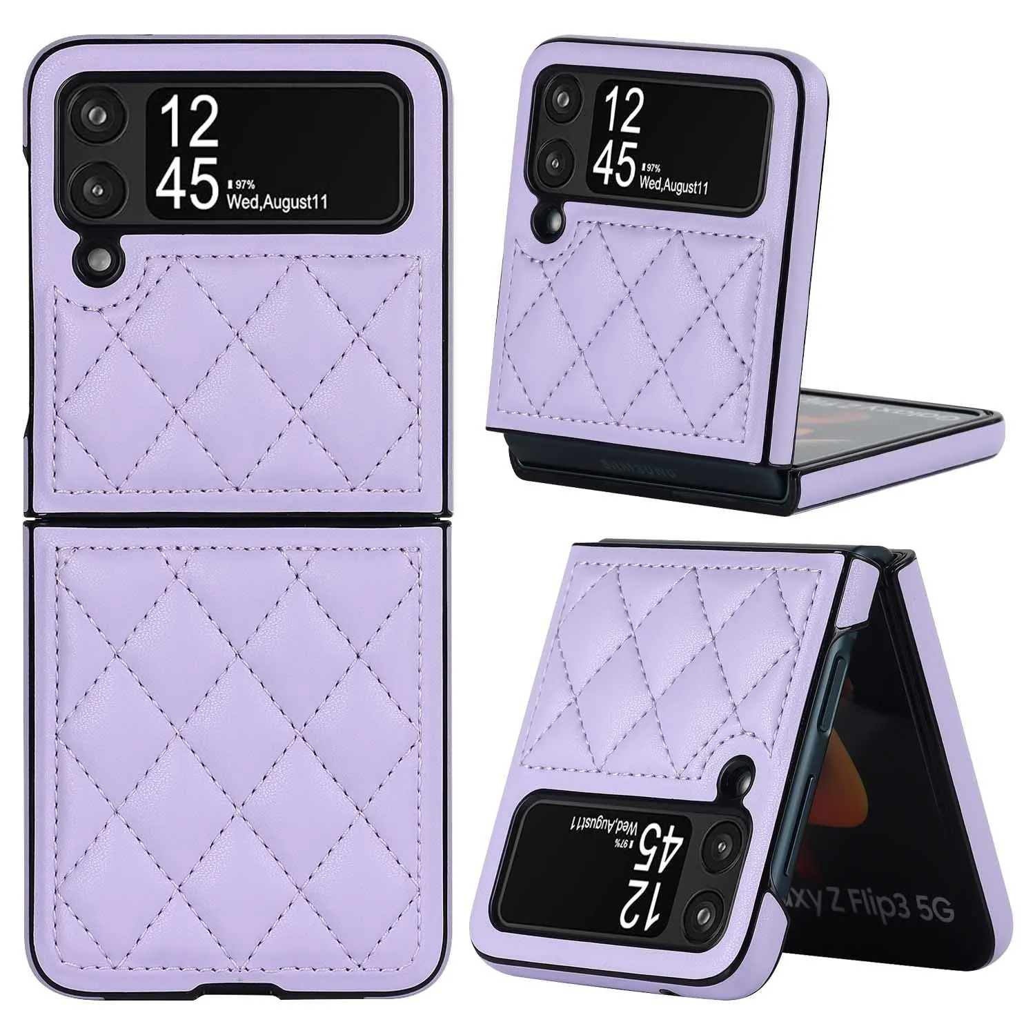Foldable screen textured lambskin plaid phone case in black for Samsung Z Flip 3 5G and Z Flip 4 with anti-fall protection