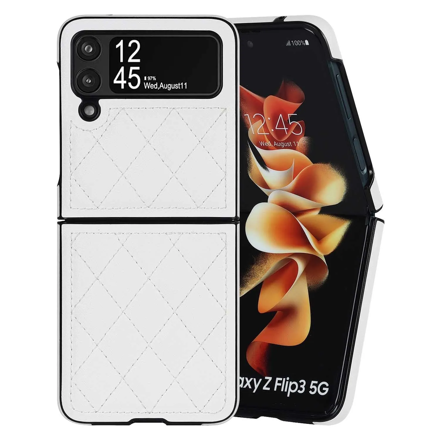 Foldable screen textured lambskin plaid phone case in black for Samsung Z Flip 3 5G and Z Flip 4 with anti-fall protection