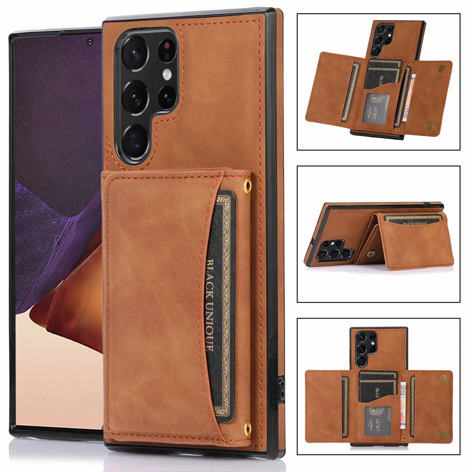 Three-fold wallet card-inserting phone case for Samsung in black, showing card slots and back cover design