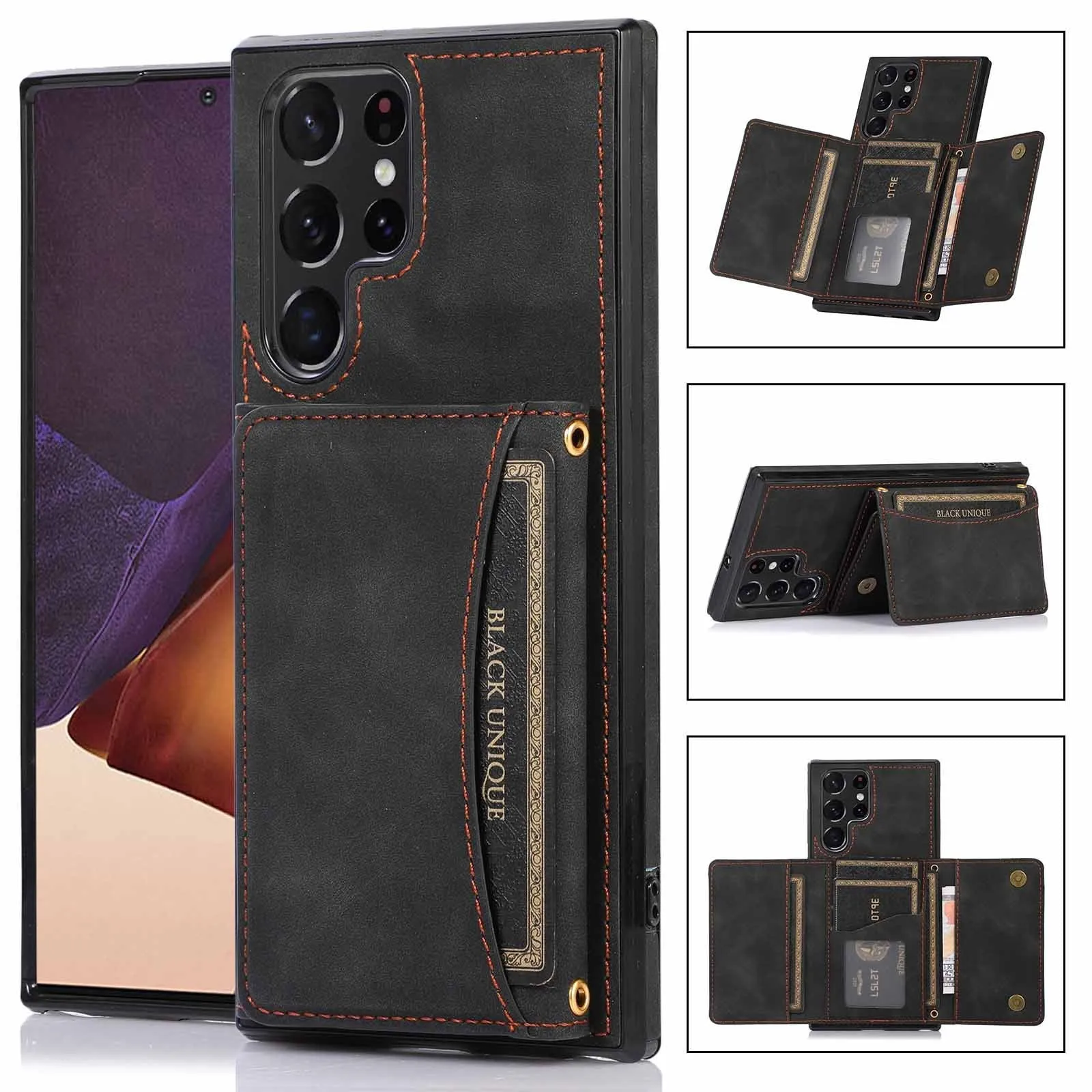 Three-fold wallet card-inserting phone case for Samsung in black, showing card slots and back cover design