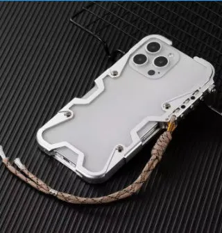 Metal frame robot arm phone case for iPhone in silver with anti-fall protection and heat dissipation