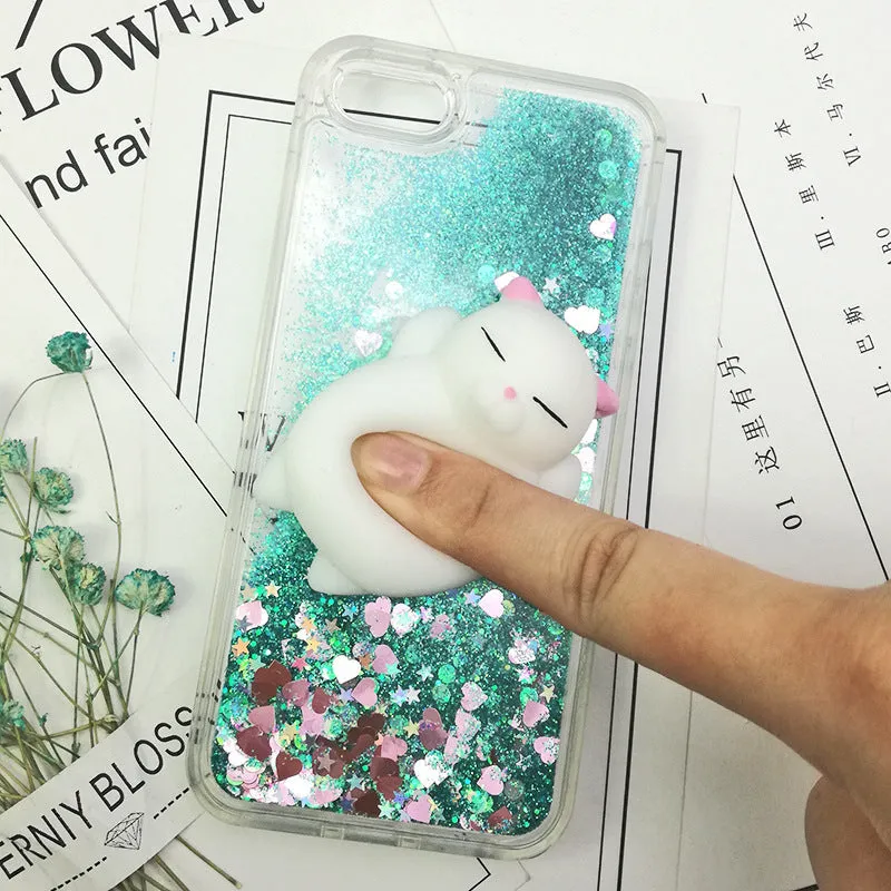 Pink liquid quicksand TPU phone case for Apple iPhone with cartoon animal pattern