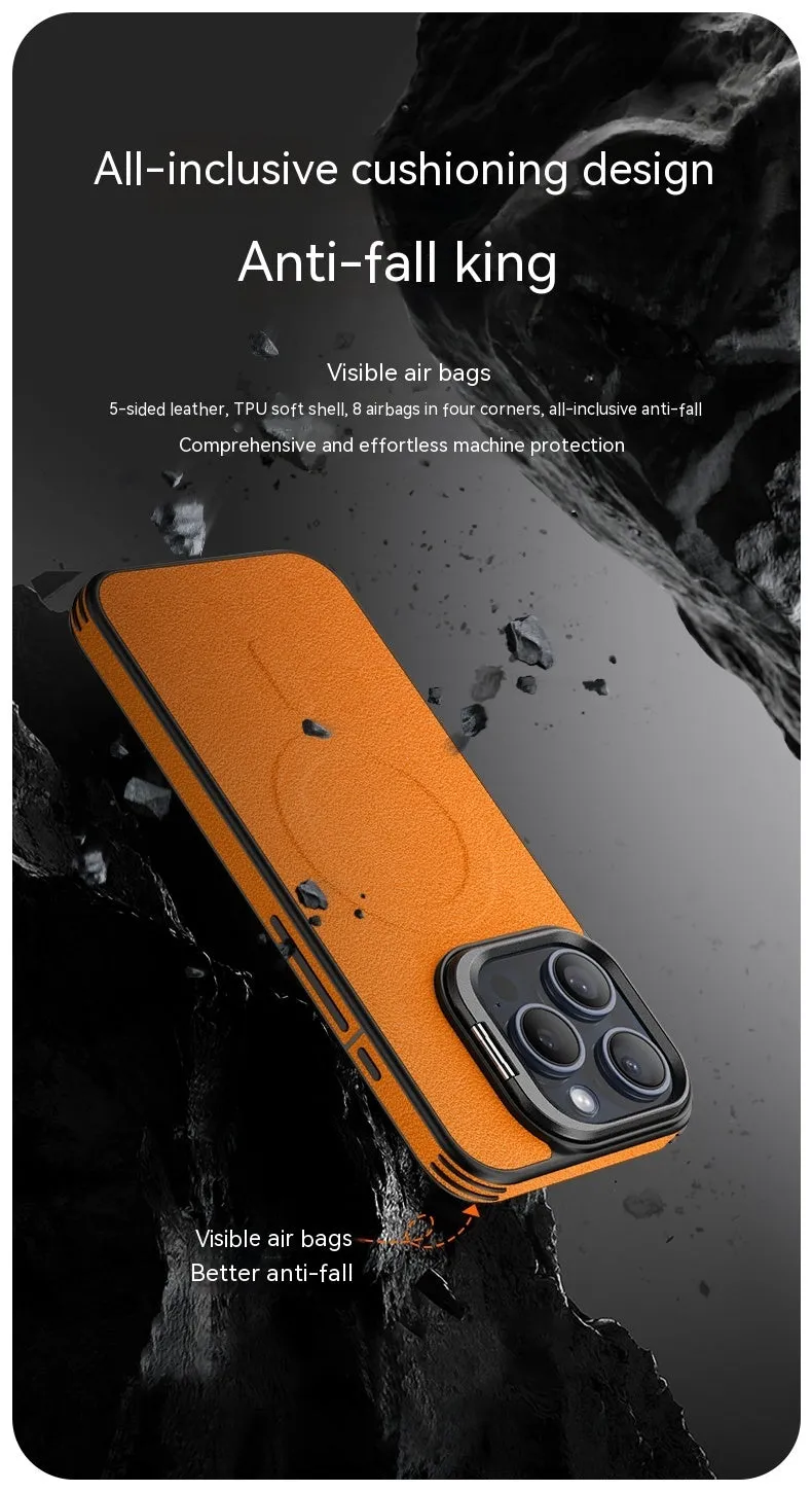 Leather invisible bracket magnetic phone case for iPhone 15, satin black, all-inclusive drop-resistant design