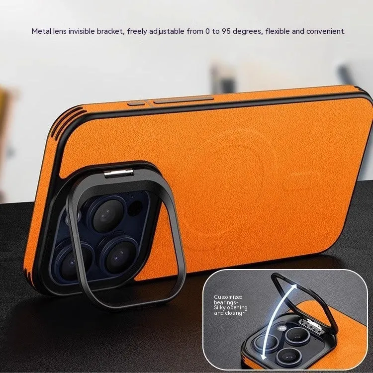 Leather invisible bracket magnetic phone case for iPhone 15, satin black, all-inclusive drop-resistant design