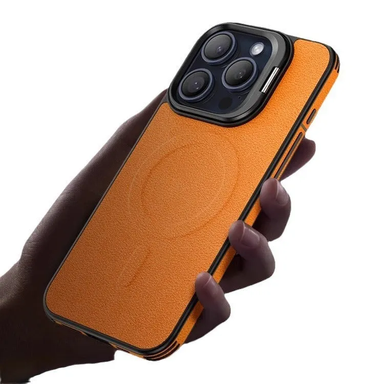 Leather invisible bracket magnetic phone case for iPhone 15, satin black, all-inclusive drop-resistant design