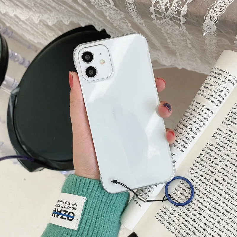 Borderless transparent anti-drop PC phone case with mirror finish and blue lanyard for Apple iPhone