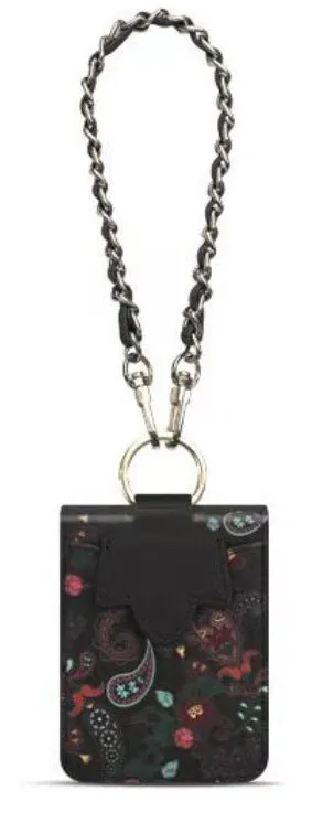 Totem print leather folding phone case with lanyard and chain attached, black colour