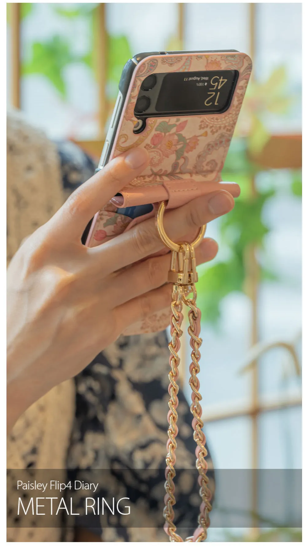 Totem print leather folding phone case with lanyard and chain attached, black colour