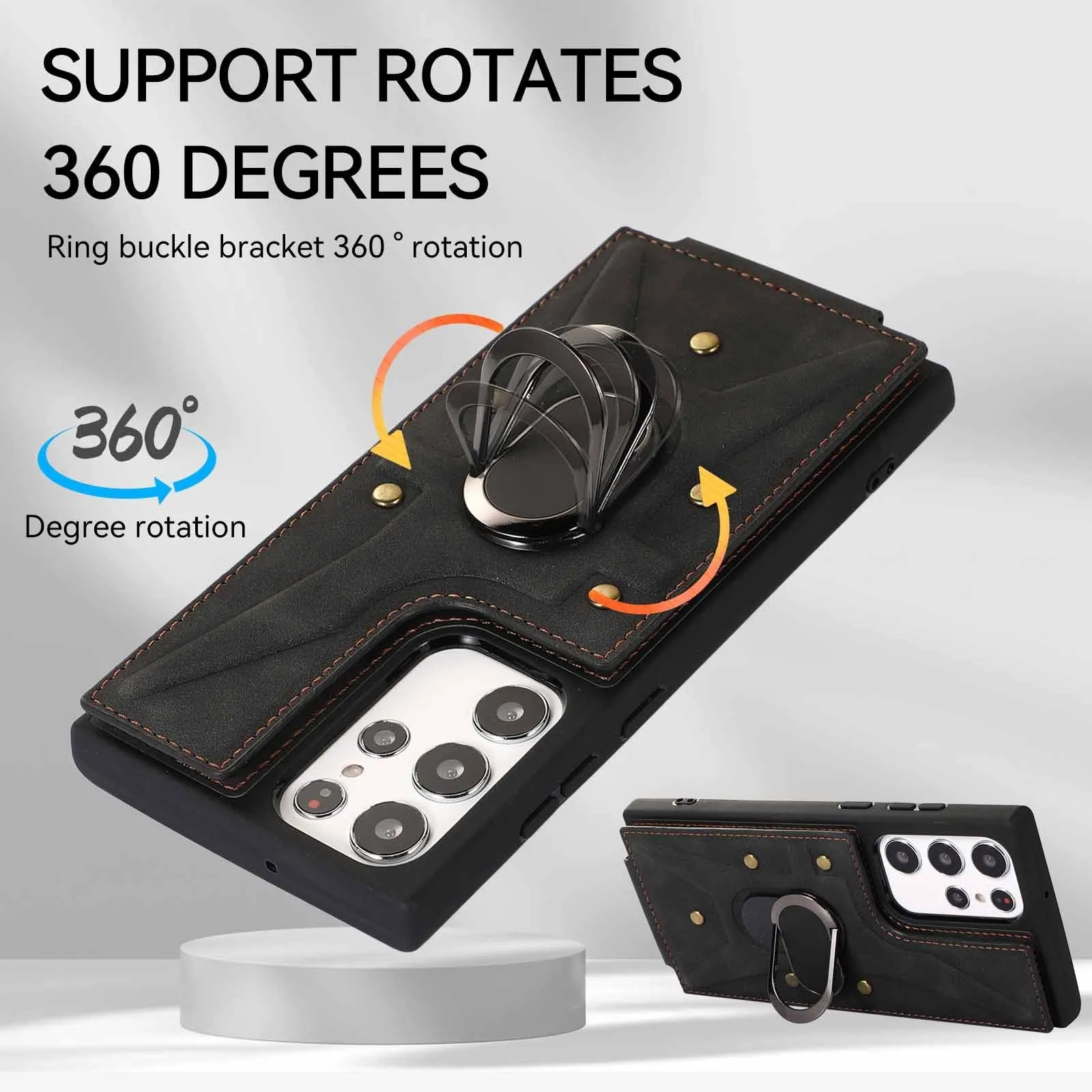 Samsung phone case with finger ring, bracket, and multi-card slot in PU and TPU finish, black colour