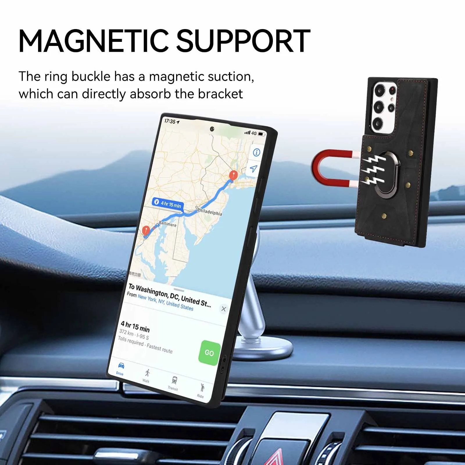 Samsung phone case with finger ring, bracket, and multi-card slot in PU and TPU finish, black colour