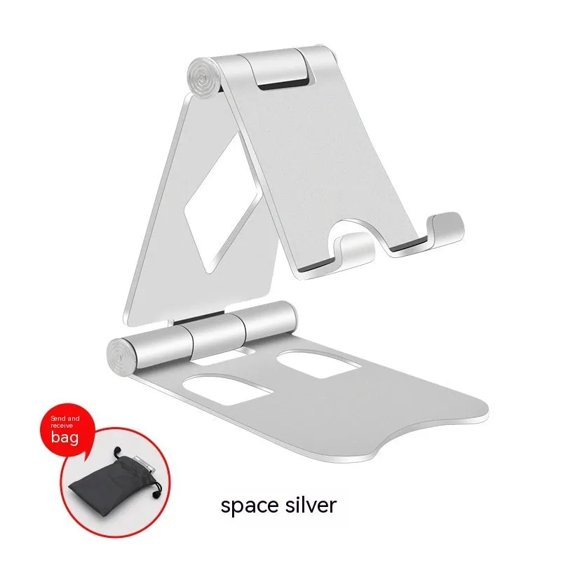 Aluminium alloy mobile desktop stand folding bracket in silver on a desk with a smartphone