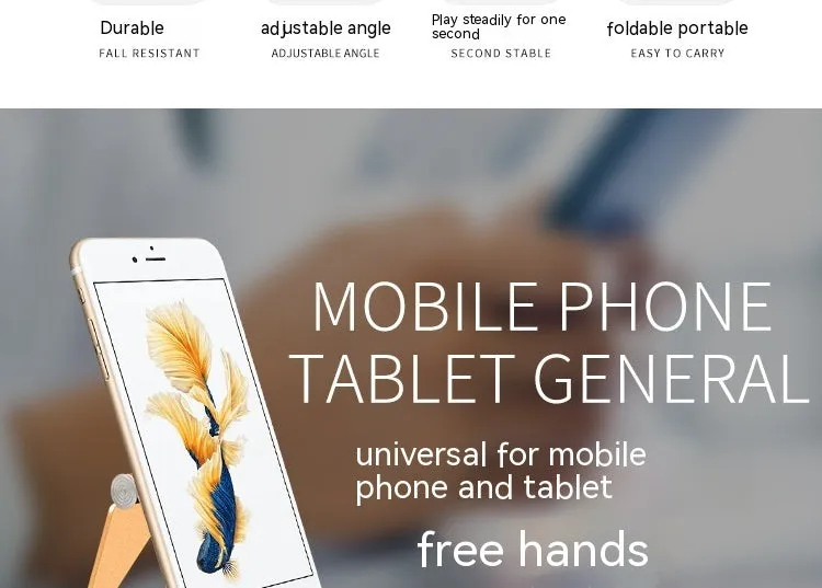 Aluminium alloy mobile desktop stand folding bracket in silver on a desk with a smartphone