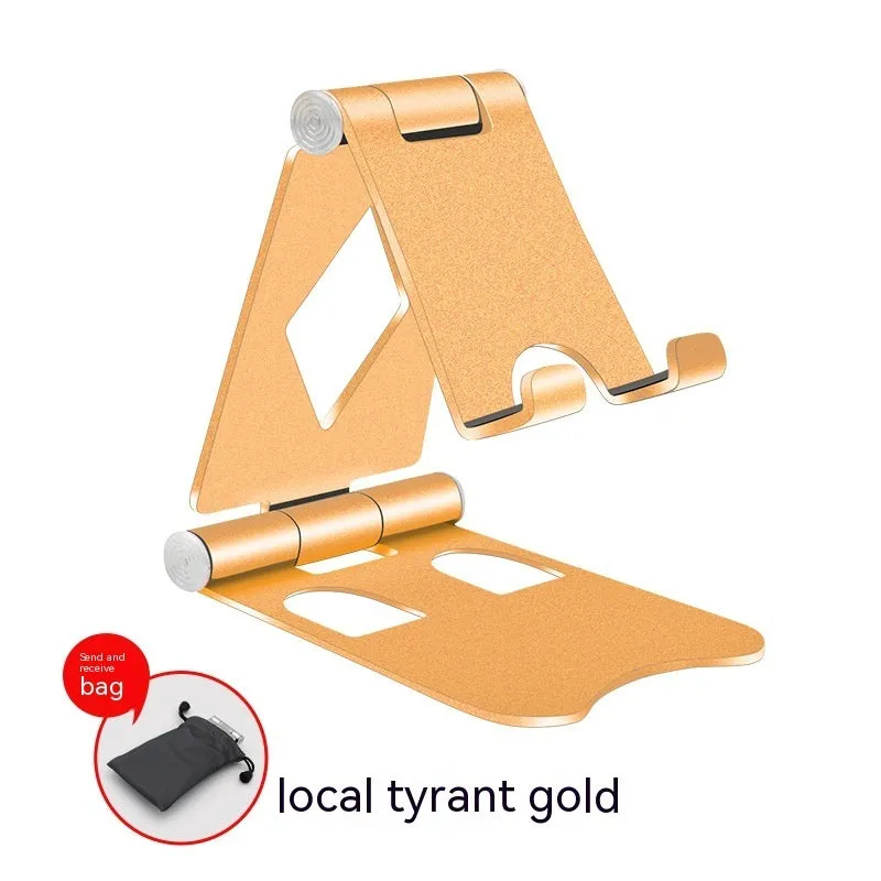 Aluminium alloy mobile desktop stand folding bracket in silver on a desk with a smartphone