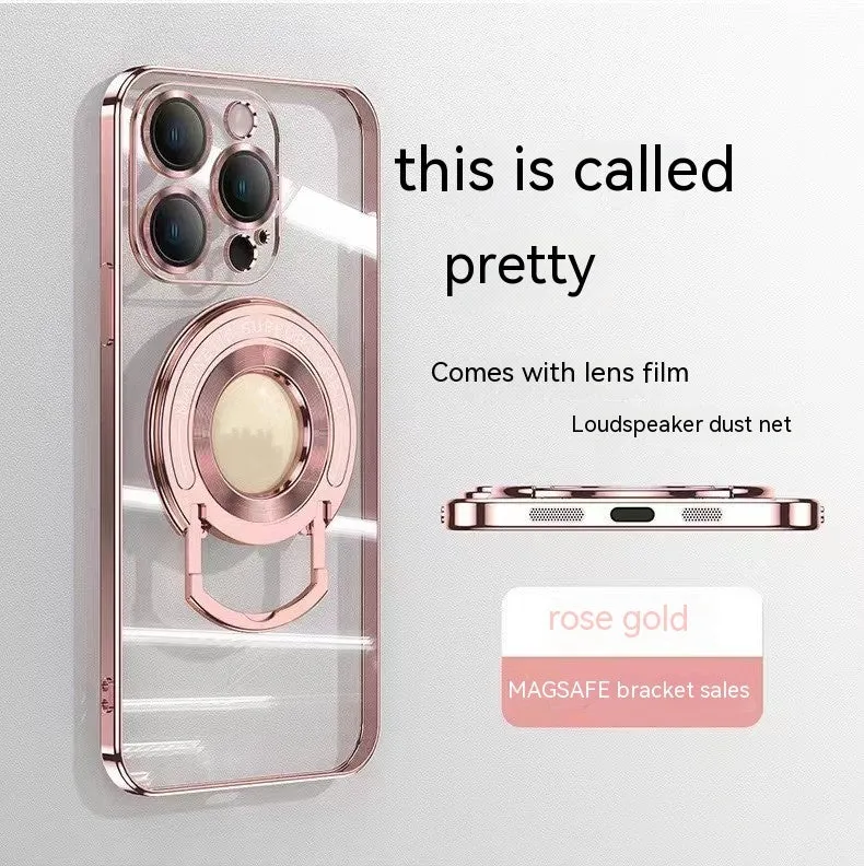 U-shaped magnetic bracket TPU phone case for Apple iPhone with electroplated finish in rose gold colour
