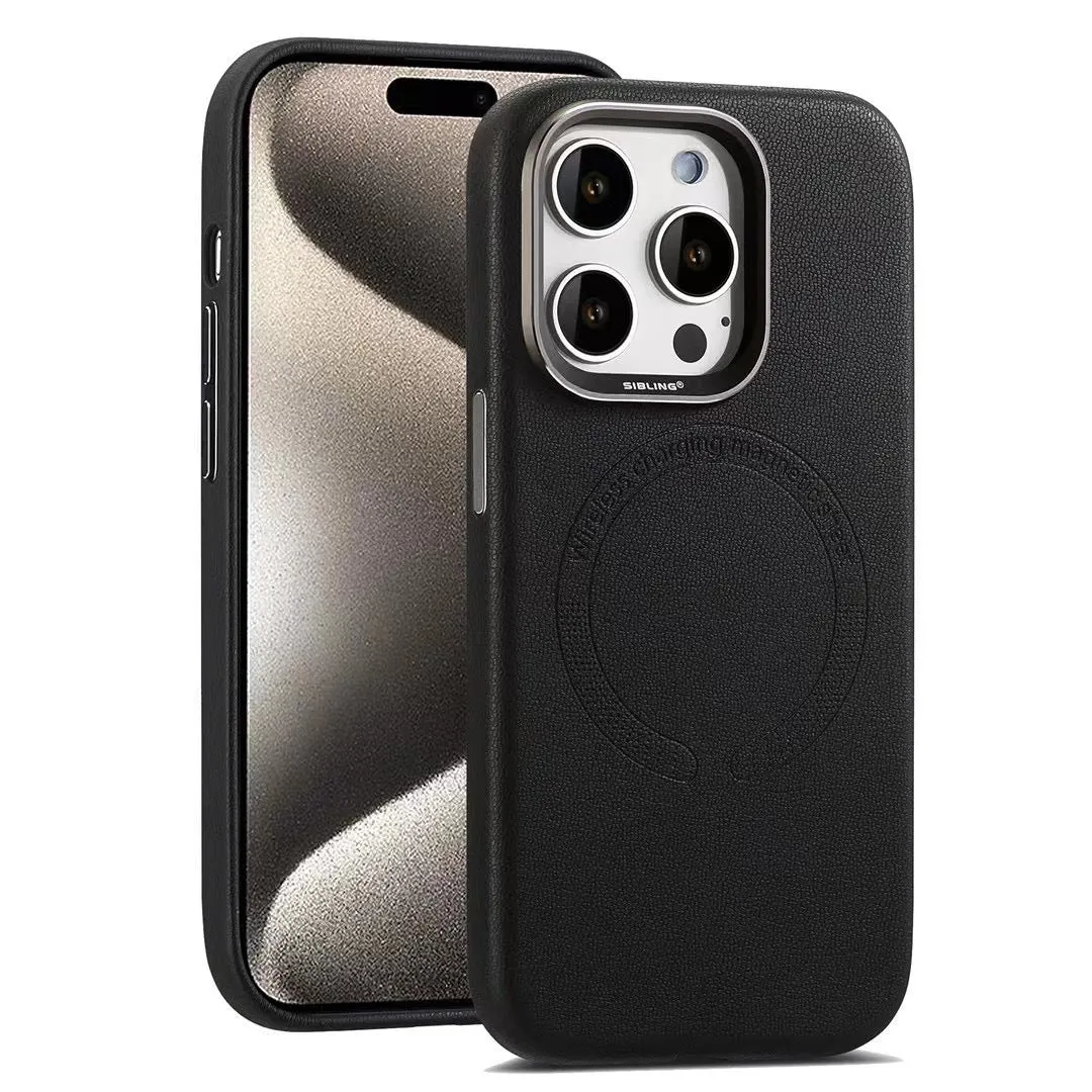 Black leather magnetic phone case for iPhone with fall protection and all-inclusive design