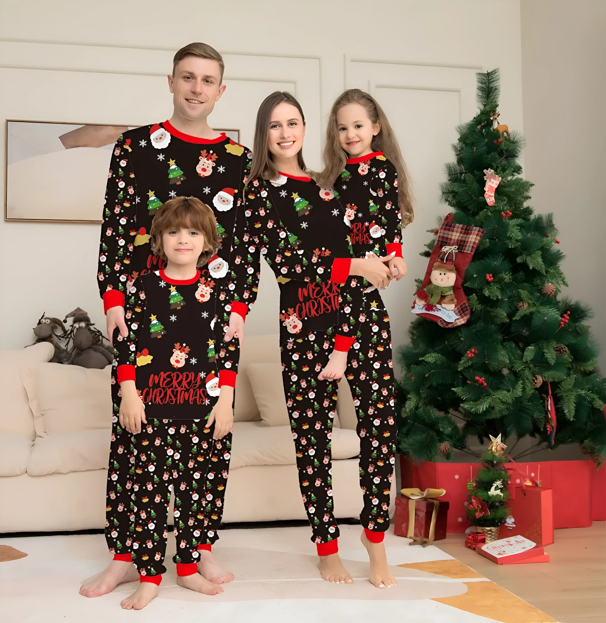 Family Christmas pajamas matching set in cotton with plaid design including dog size